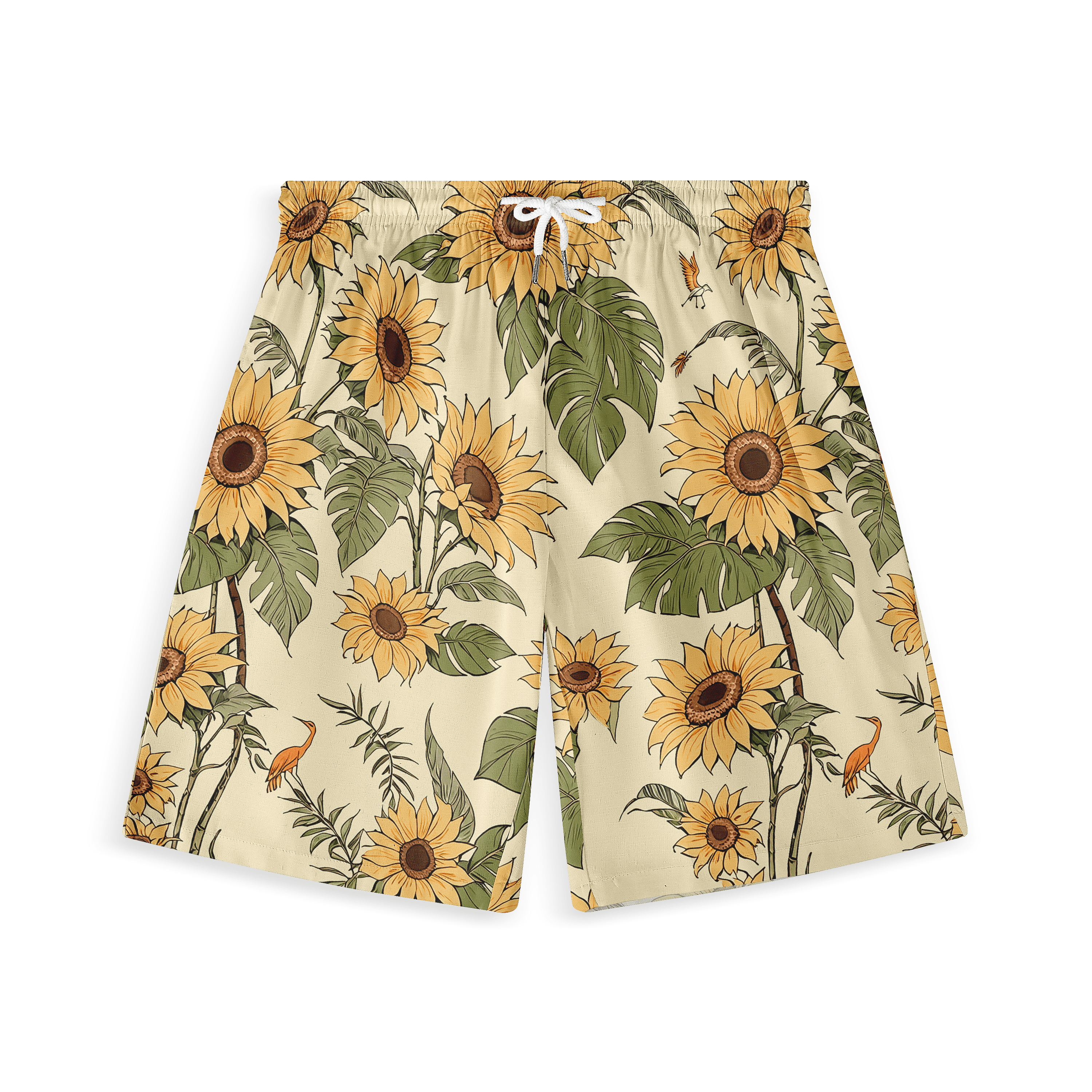 A short with a vibrant sunflower pattern on a light background.