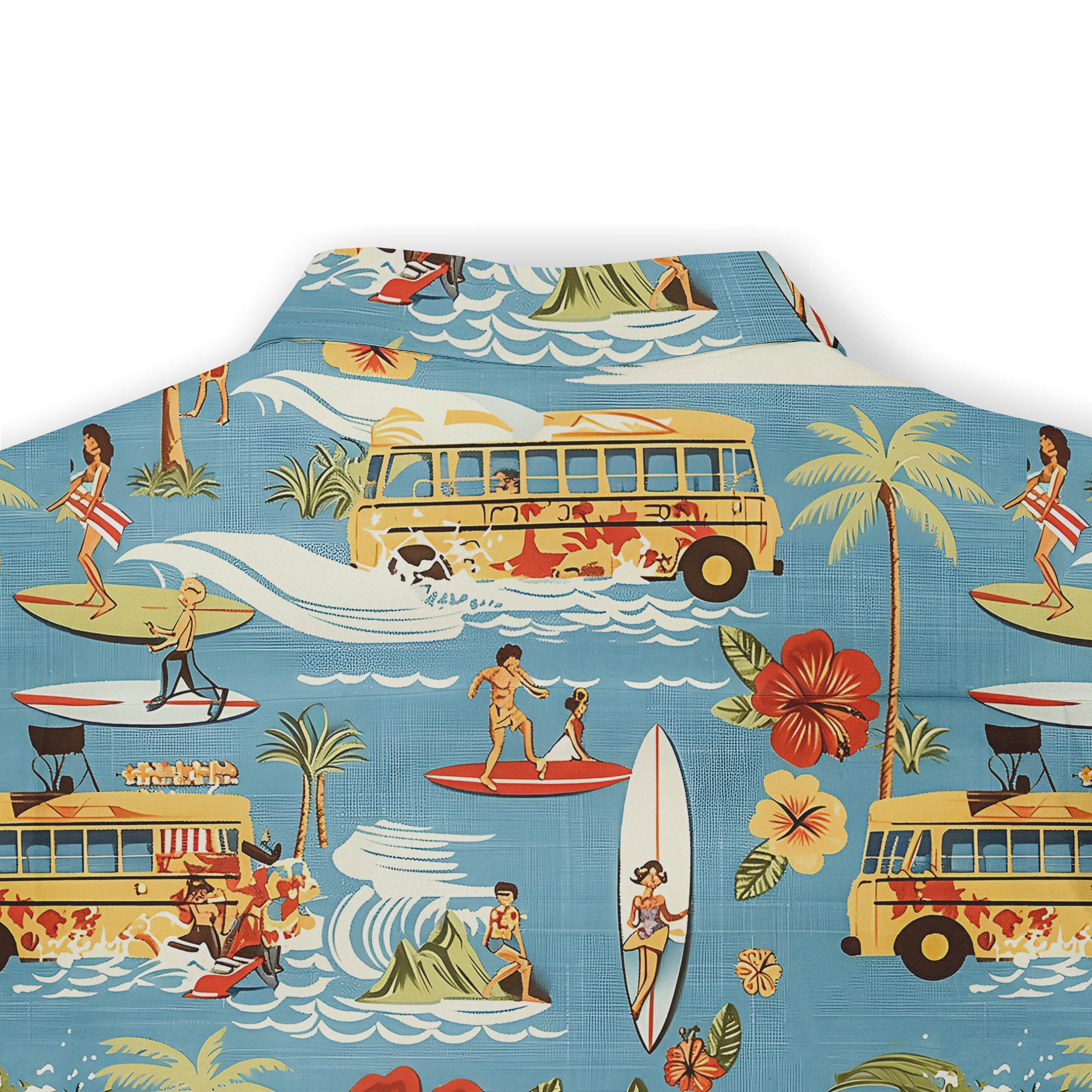 Summer vibes shirt with a vintage surfboard and tropical bus design.