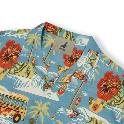 Colorful Hawaiian shirt featuring retro buses, surfboards, and flowers.