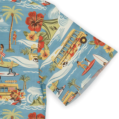 Nostalgic surf culture design with vibrant beach and wave motifs.