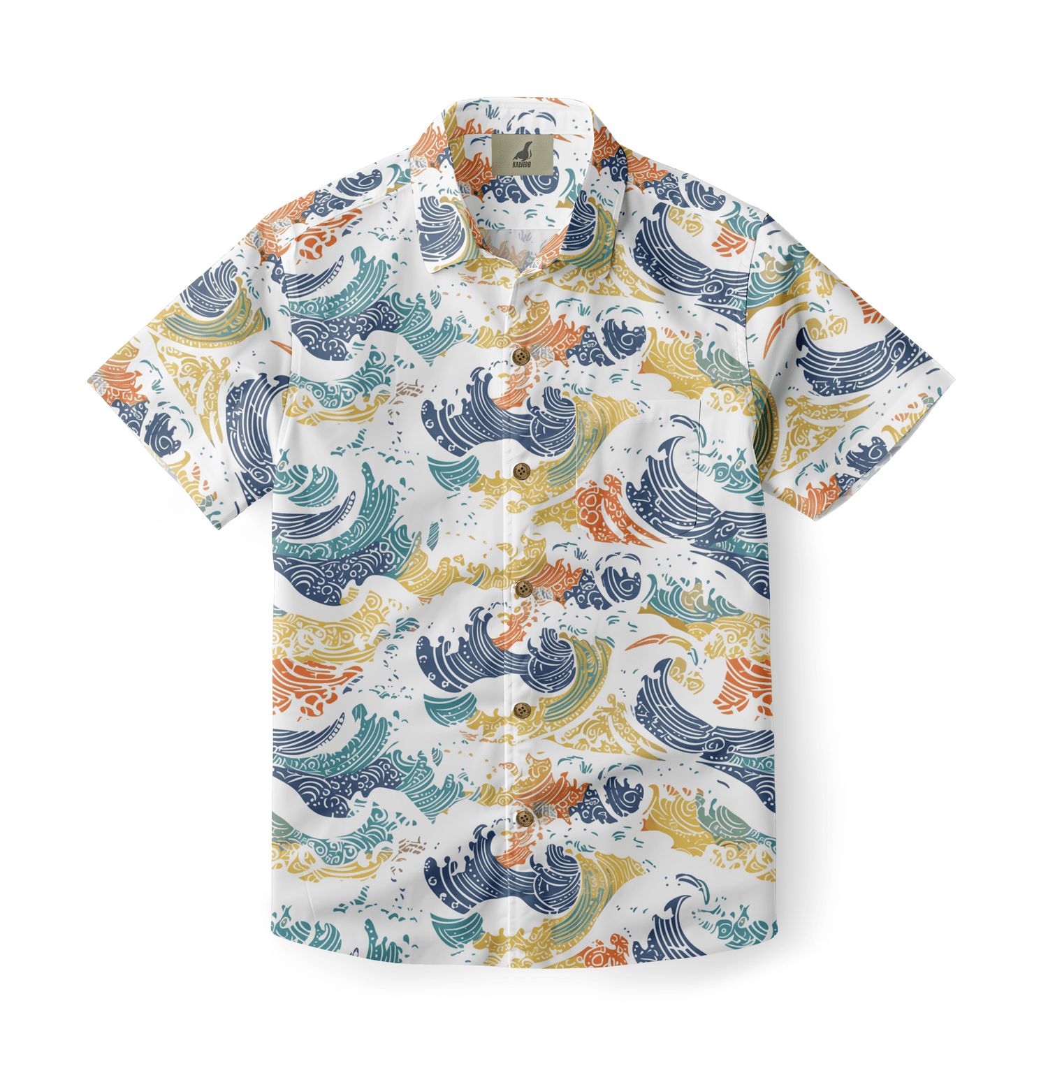 A colorful shirt with intricate wave patterns, showcasing the ocean&