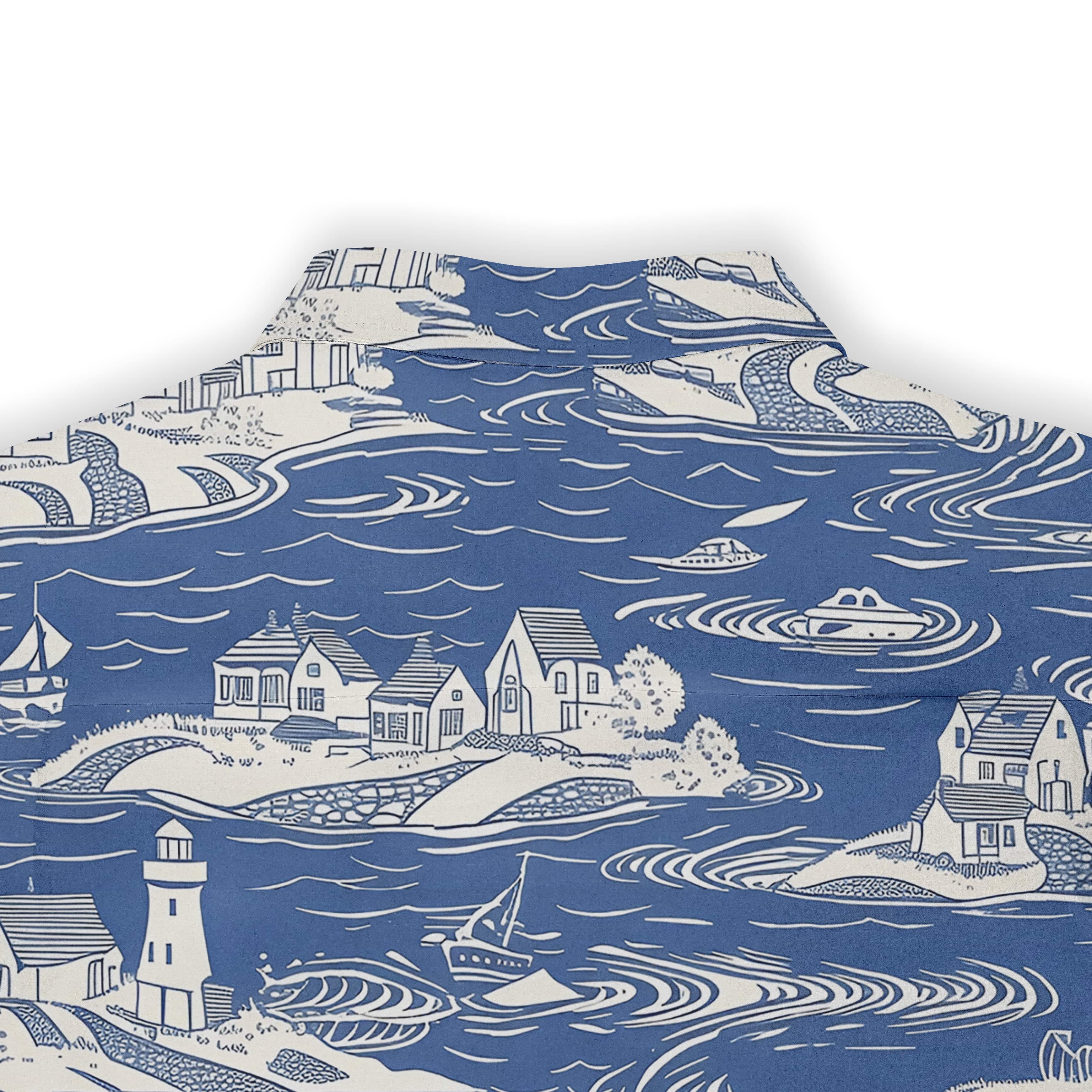 Nautical-themed shirt with coastal village scenes, ideal for a peaceful day by the sea.