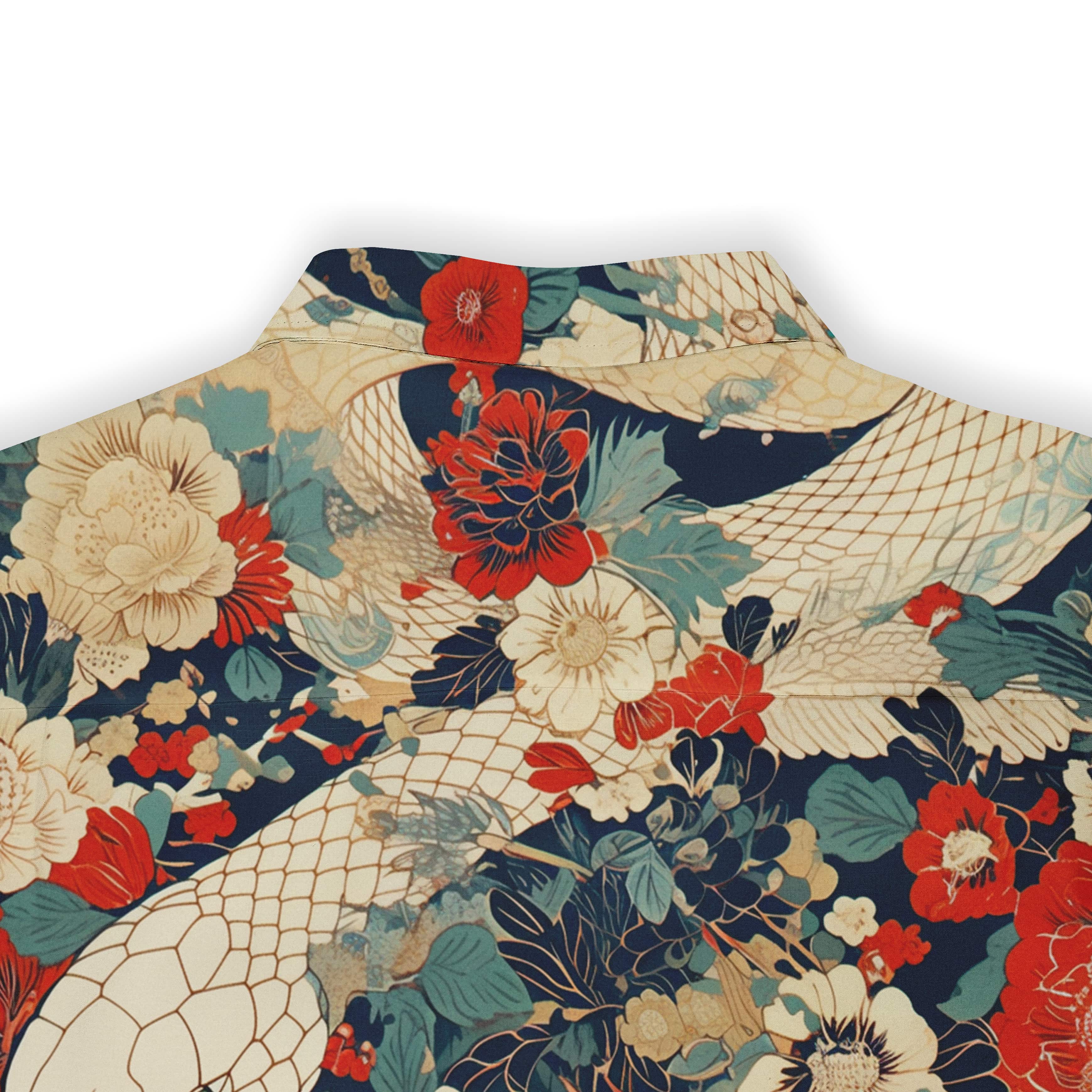 Dynamic shirt pattern with a serpent and vibrant flowers.