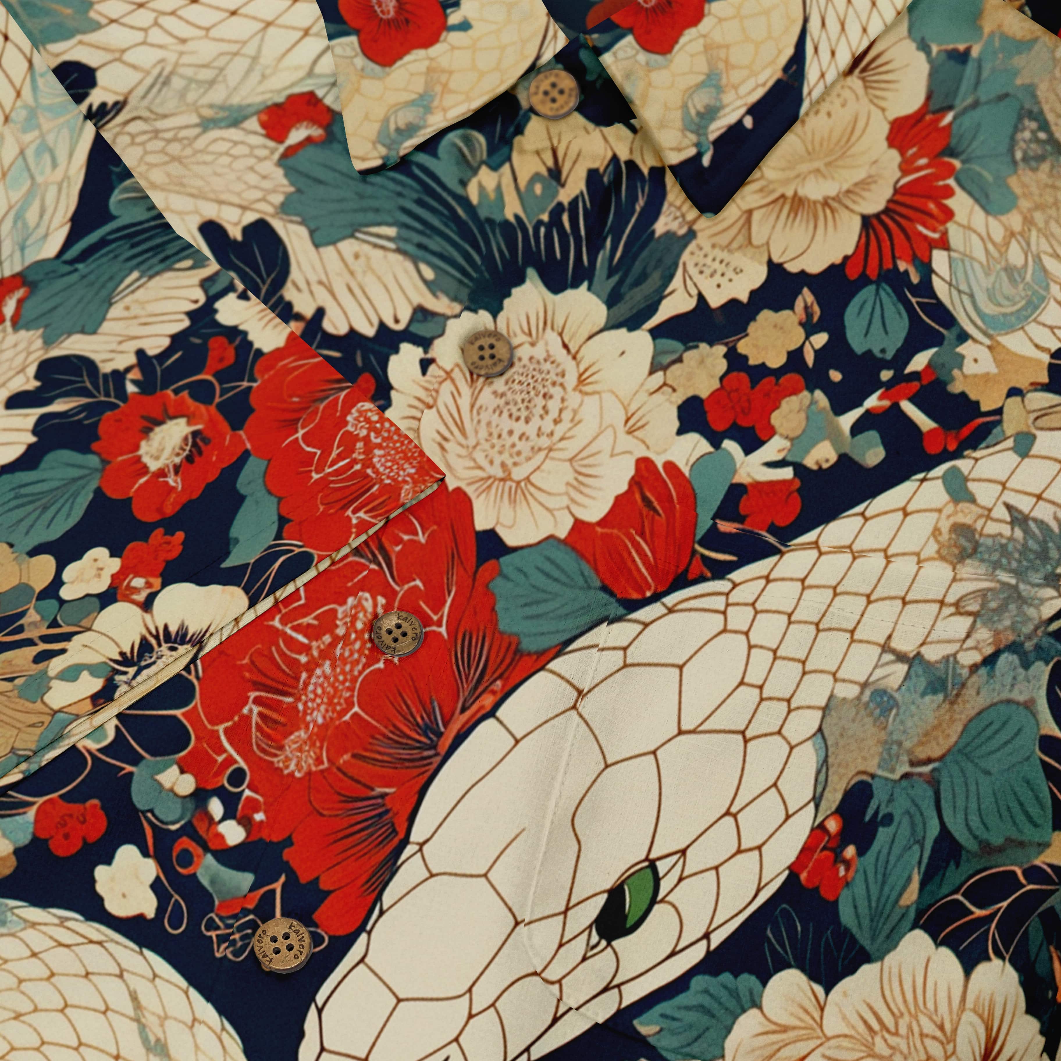 Artistic shirt design featuring a snake and colorful floral patterns.