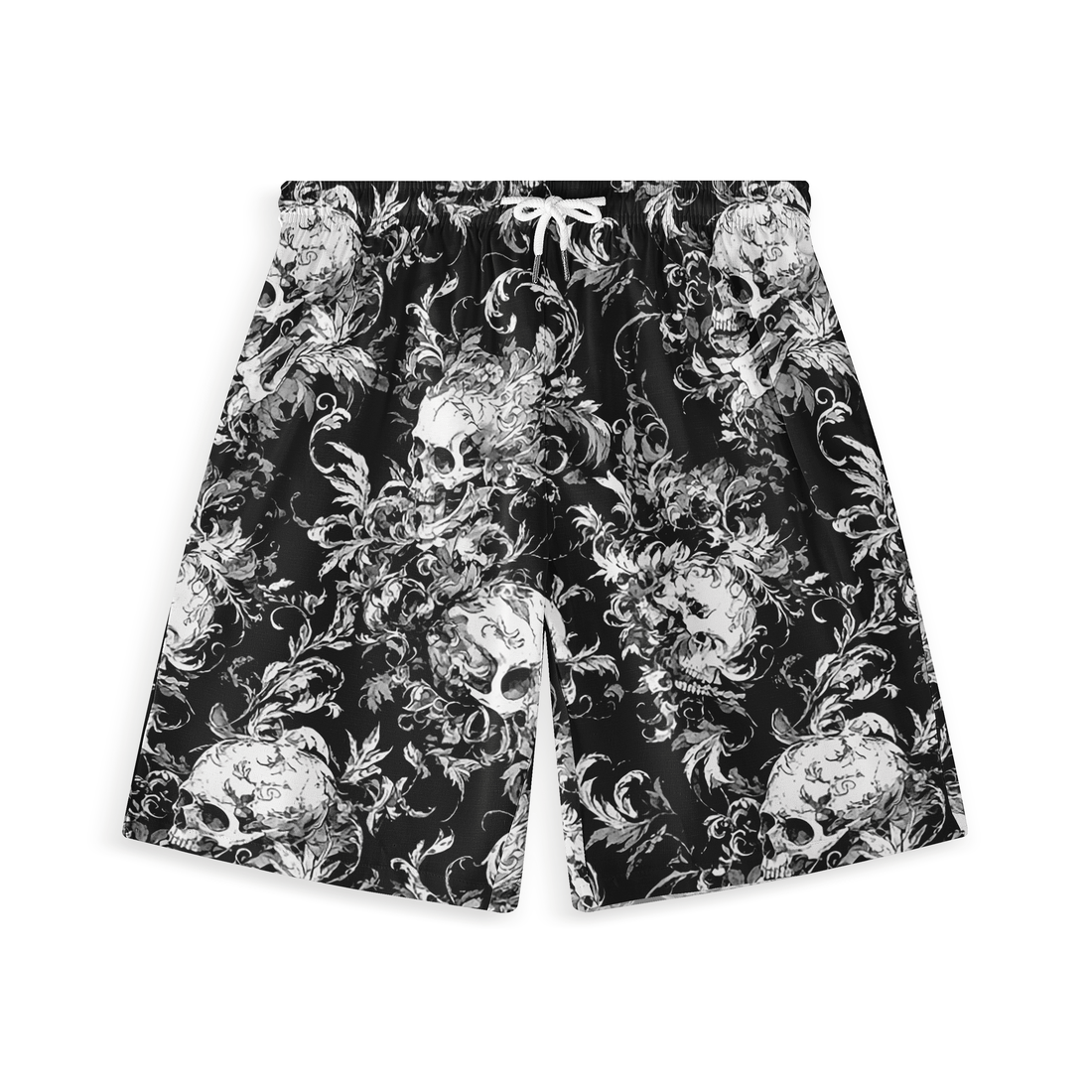 Black short with intricate white skull and floral pattern