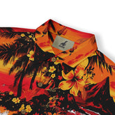 Fiery red and orange Hawaiian shirt featuring lush island scenery.