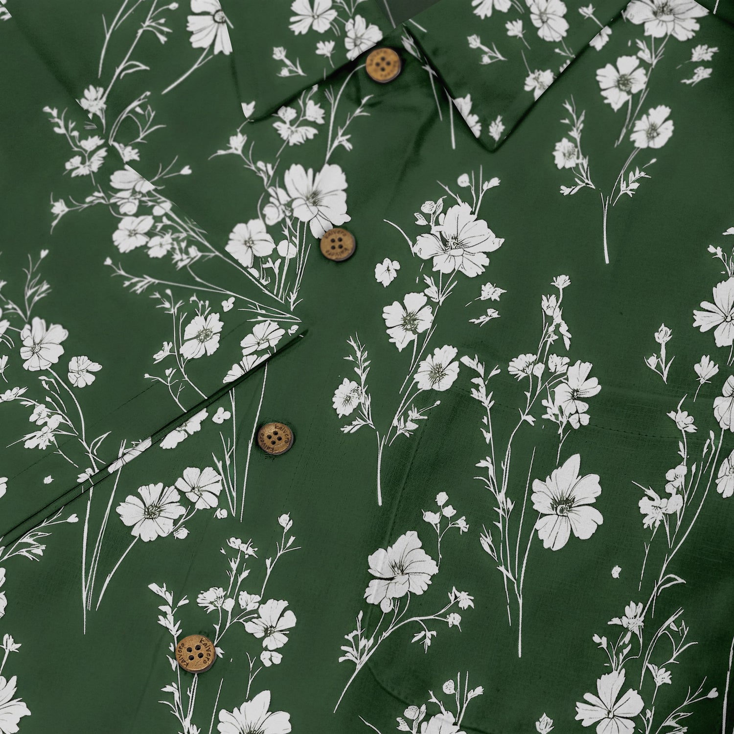 Stylish green shirt featuring a delicate pattern of white flowers, perfect for a refreshing look.