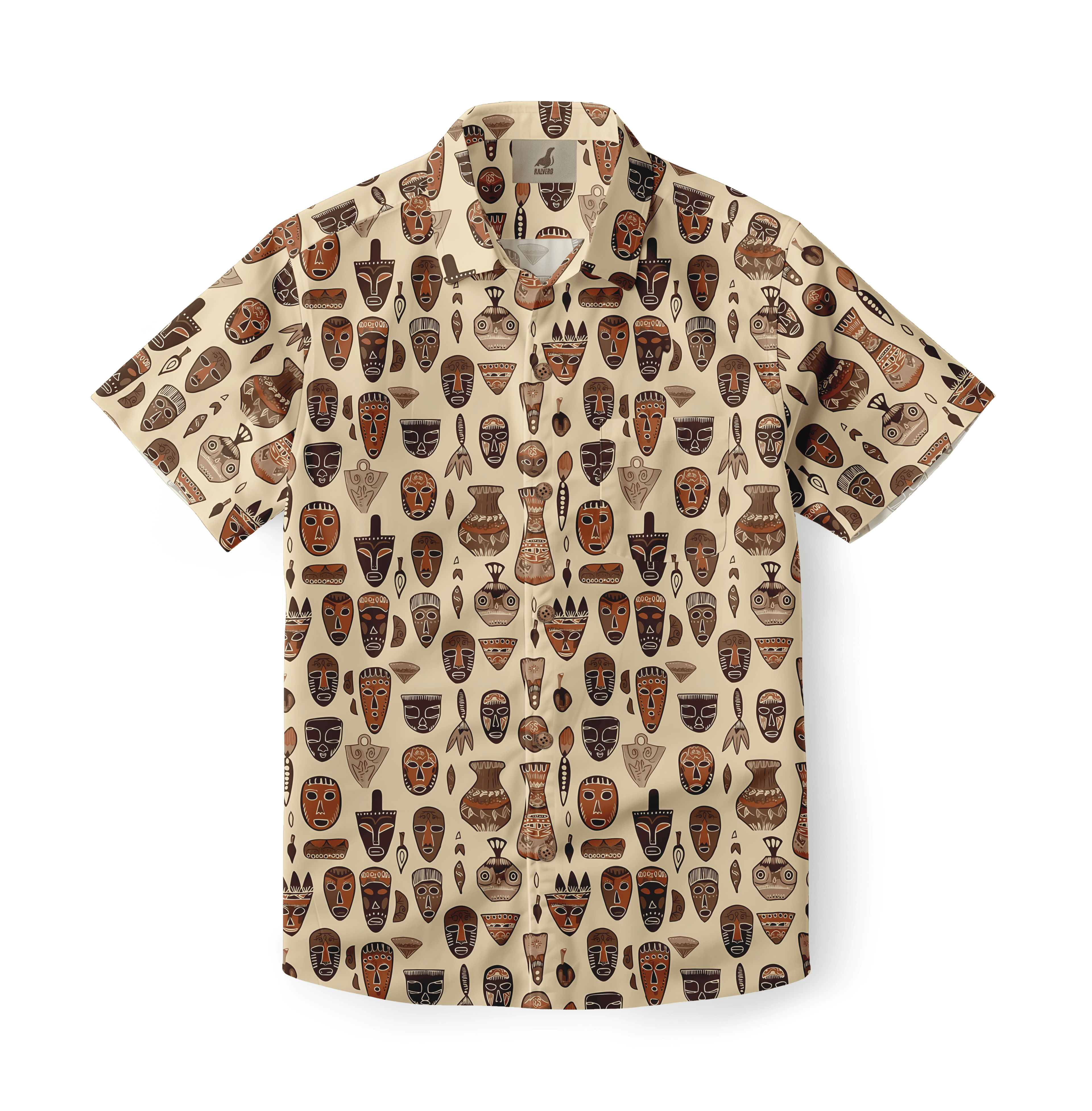 Shirt with tribal masks and pottery motifs in earthy tones.