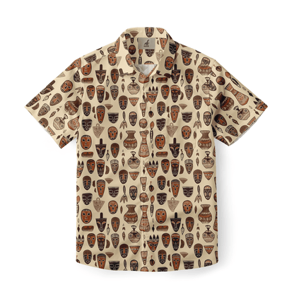 Shirt with tribal masks and pottery motifs in earthy tones.