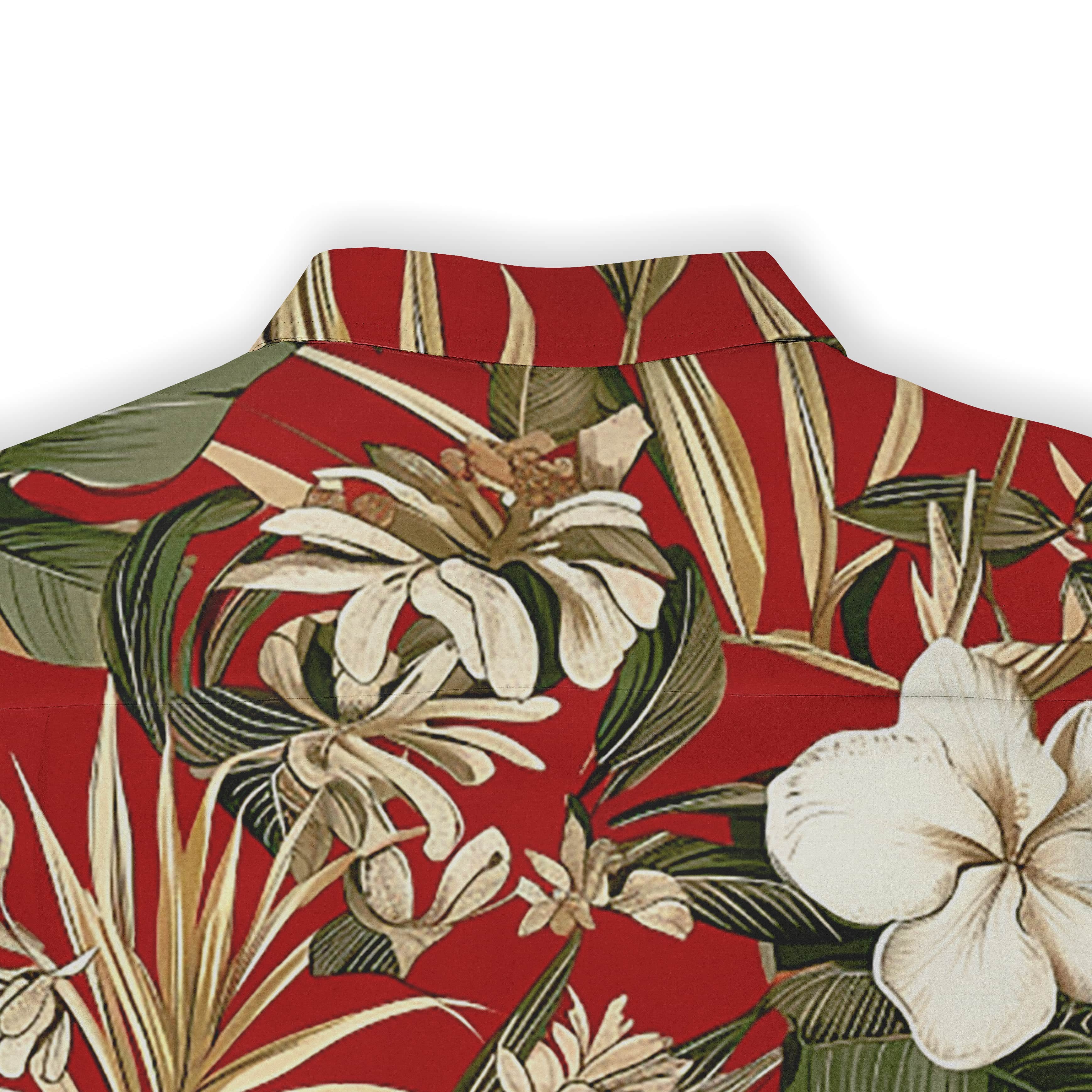 Elegant tropical floral design on a deep red background shirt.