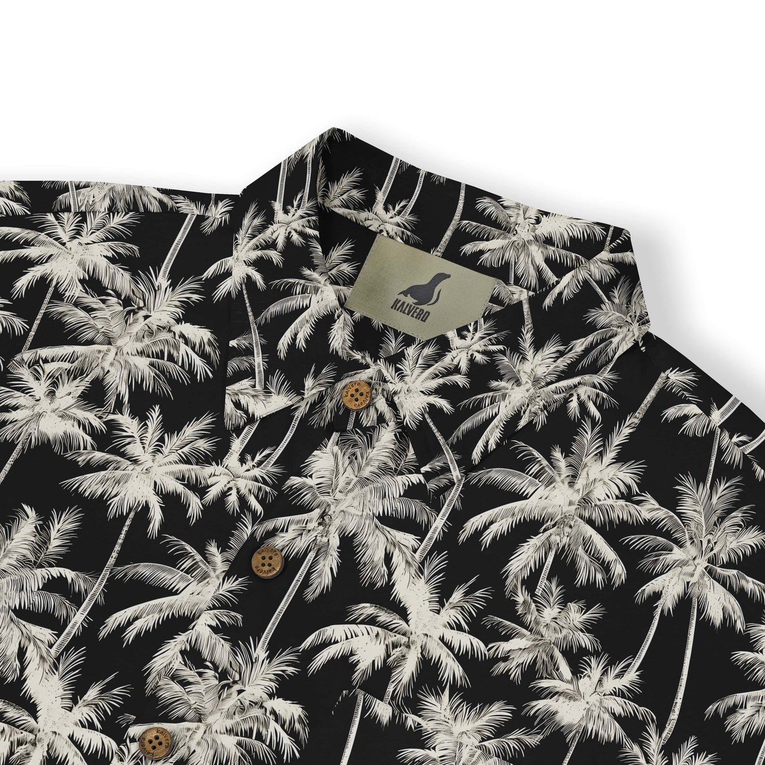 Elegant palm tree print shirt in black and white, perfect for a tropical escape.