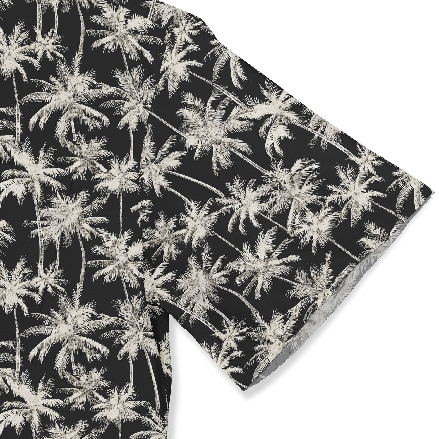 Serene palm oasis shirt featuring intricate white palm trees on a black background.