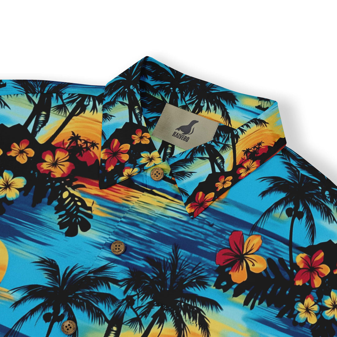 Sunset-themed Hawaiian shirt featuring palm trees and flowers.