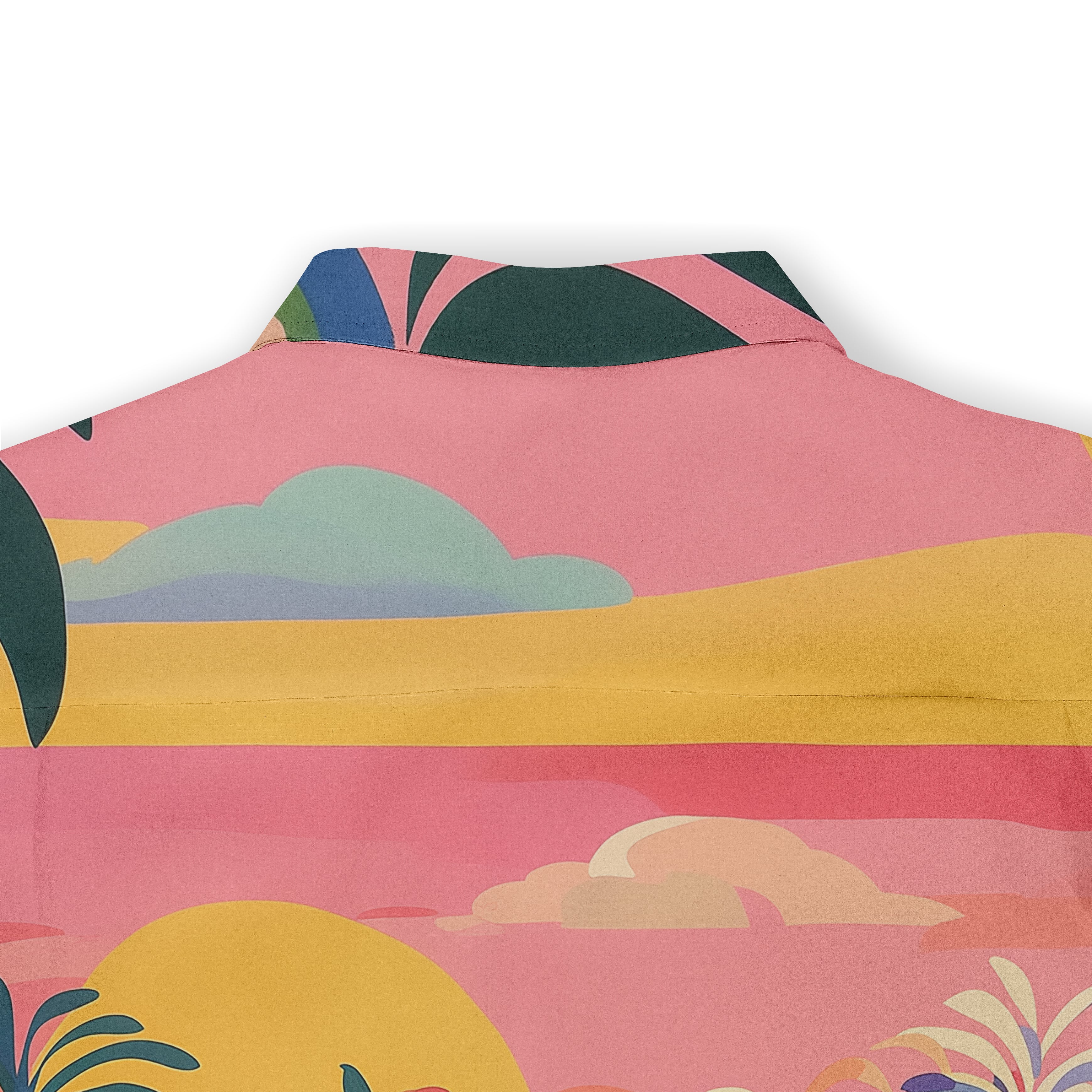 Bold and vibrant tropical sunset design shirt for a lively look.