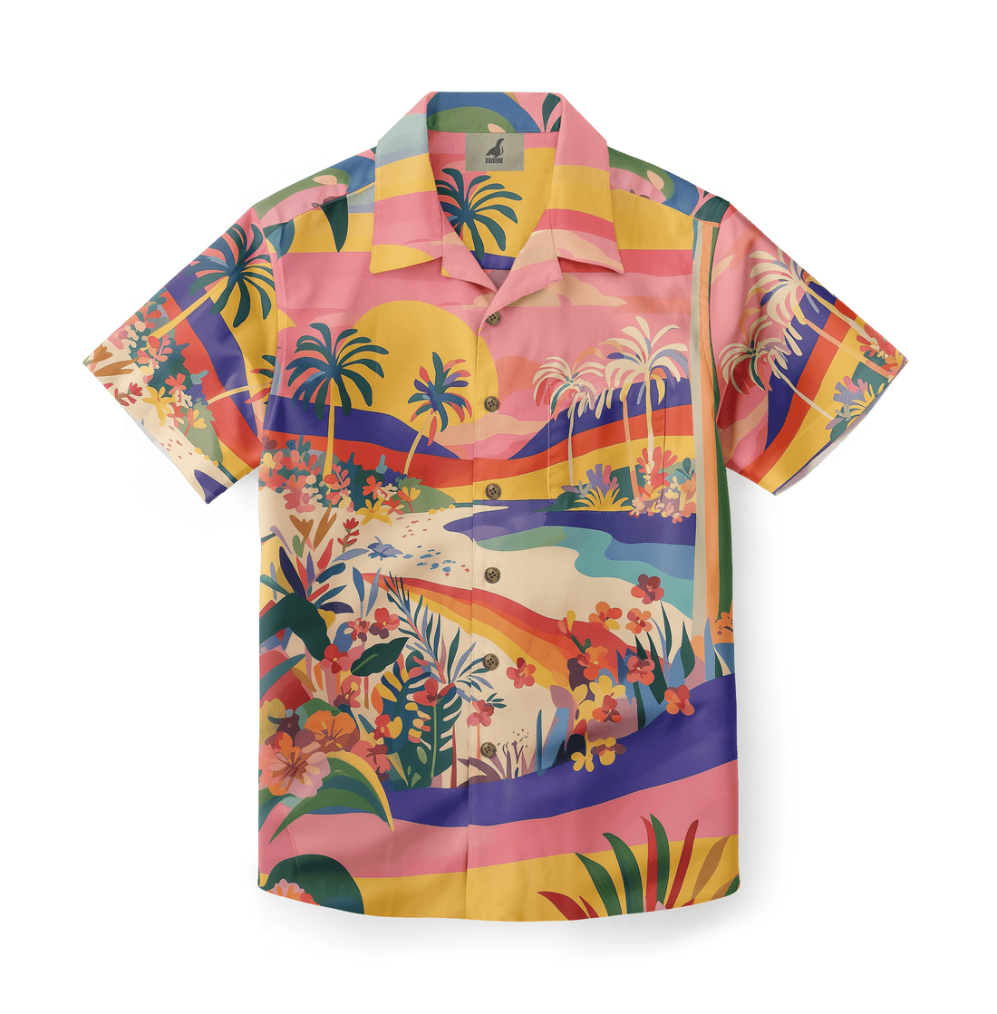 Energetic tropical landscape shirt with vibrant palm trees and sunset.