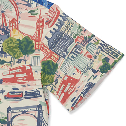 Short-sleeve shirt with a detailed collage of iconic cityscapes from around the world.