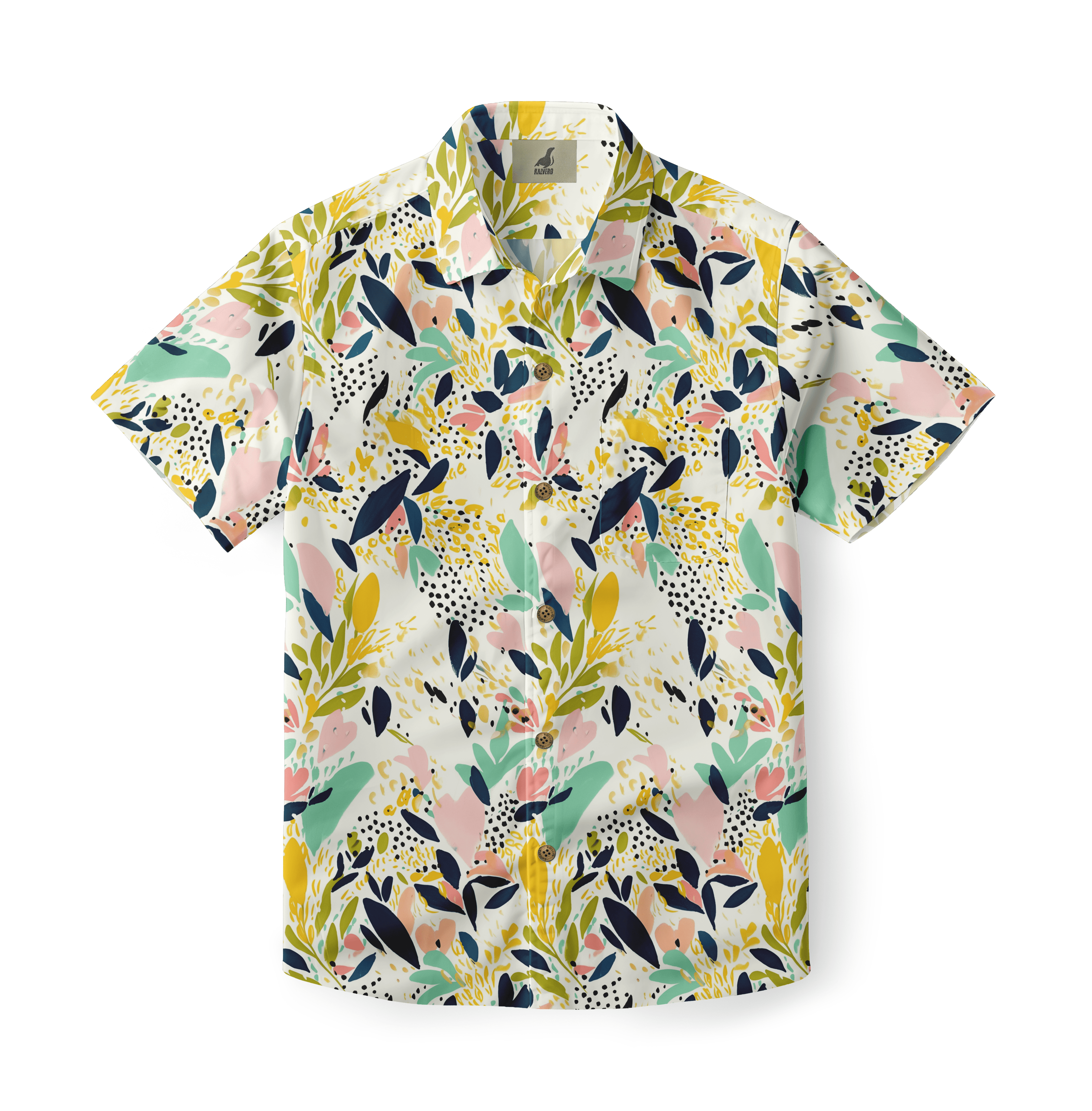 Colorful abstract floral pattern on a short-sleeve shirt.