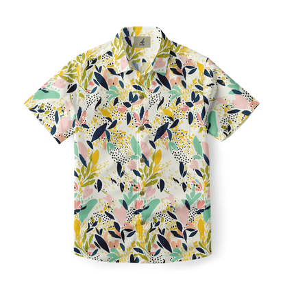 Colorful abstract floral pattern on a short-sleeve shirt.