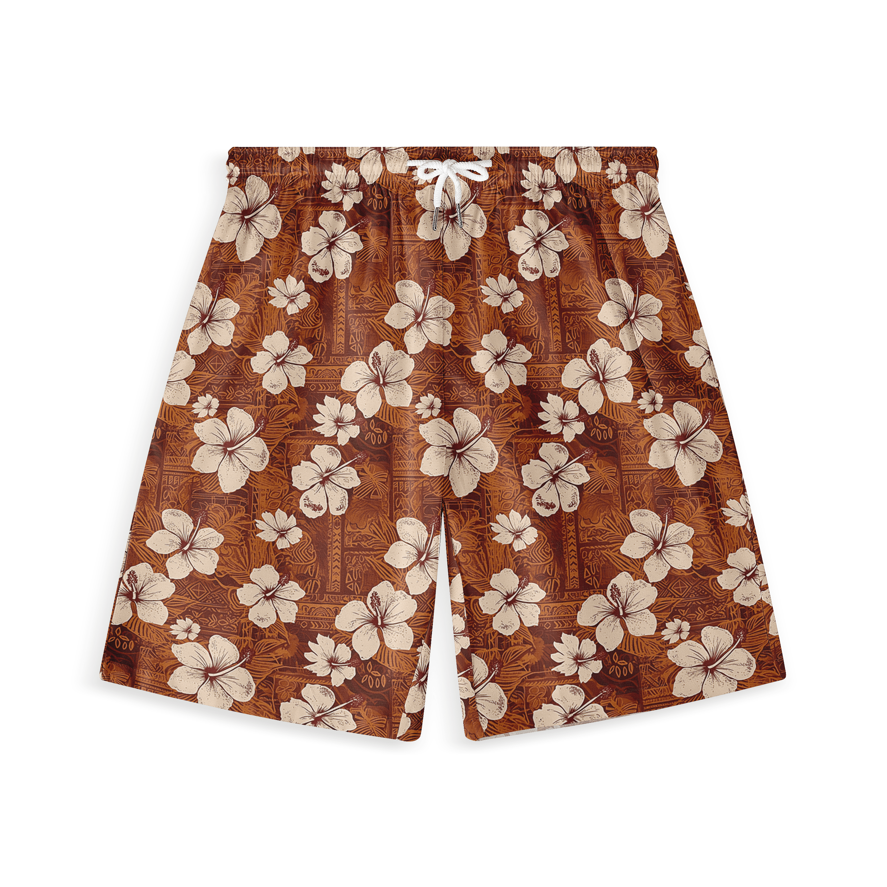 Copper short with white hibiscus flowers, exuding vintage elegance.
