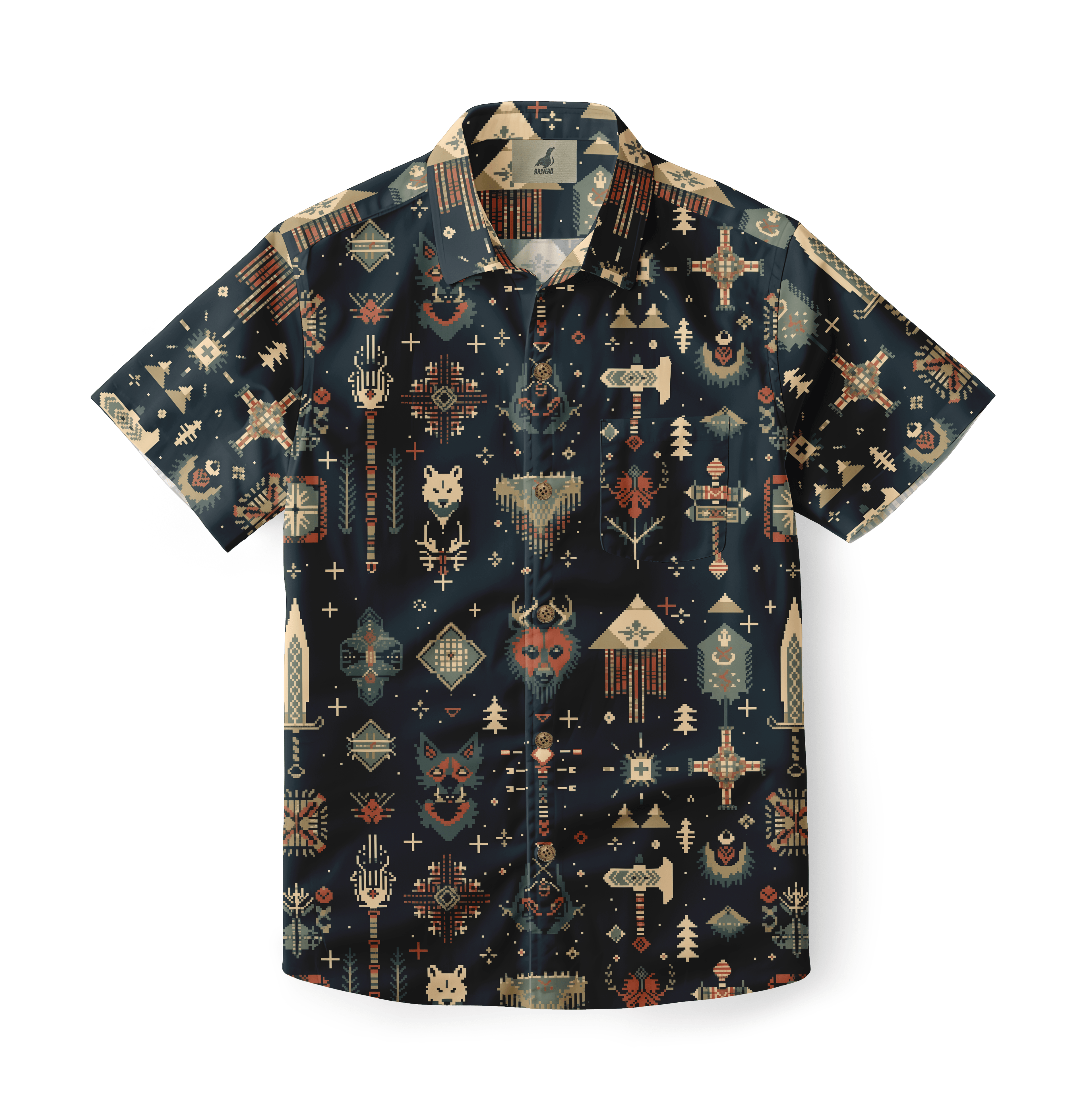 Shirt with mystical weapon and ancient symbol patterns on a dark background.