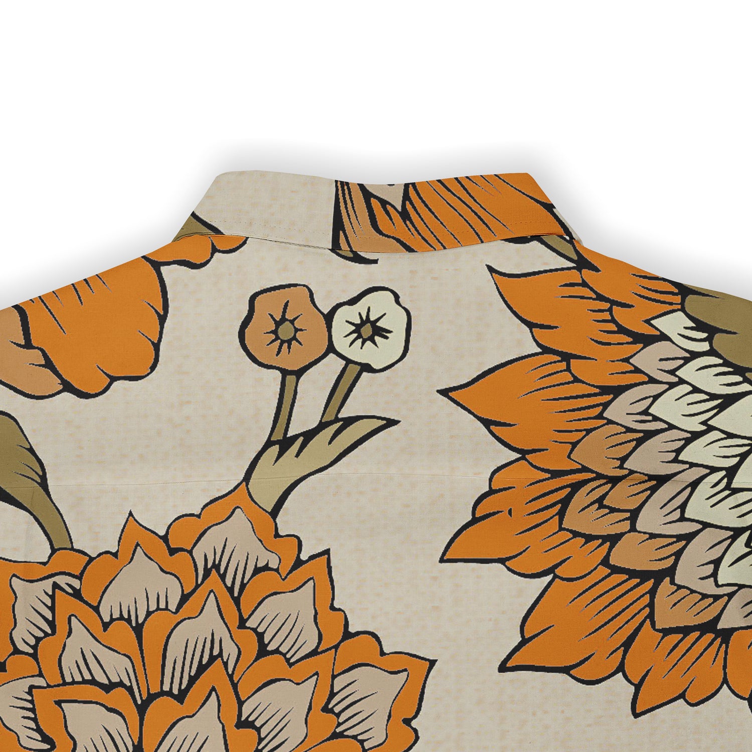 Shirt with large orange and beige floral pattern, featuring bees and detailed leaf accents.