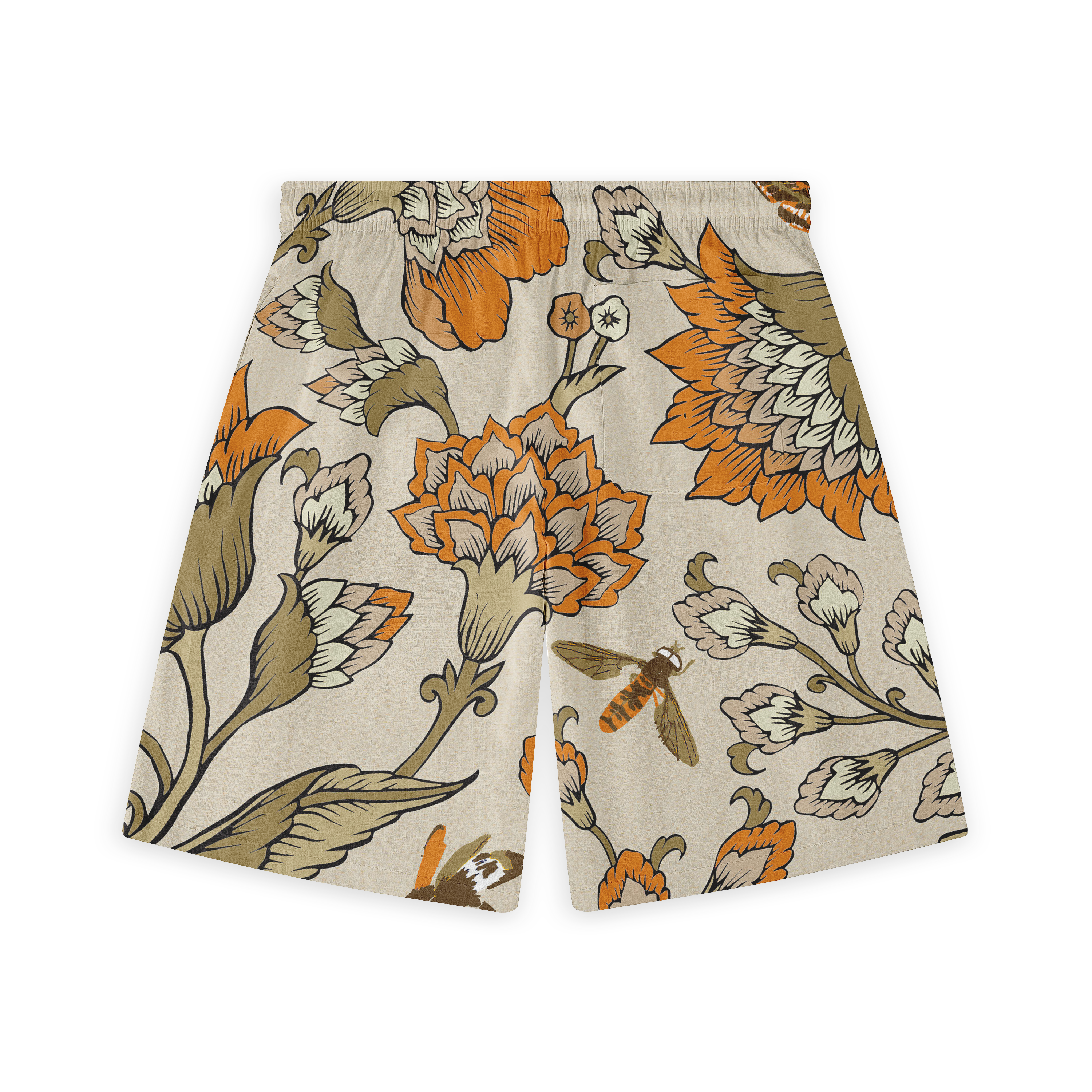 Shorts with a beige background, featuring bold orange and green floral designs and bees, adding a natural and vibrant touch.