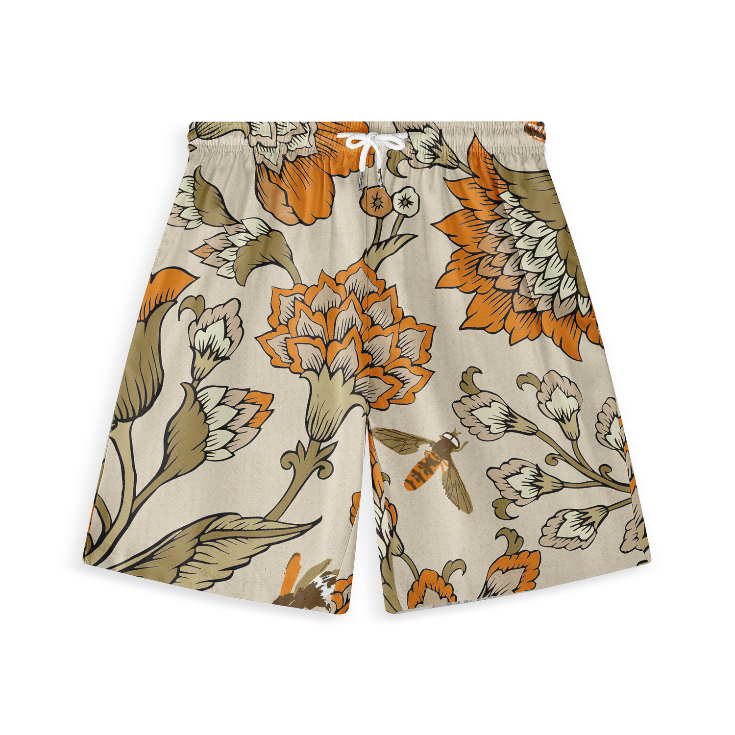 Shorts featuring a beige background with large orange and green floral patterns, accented by bees and leafy details.