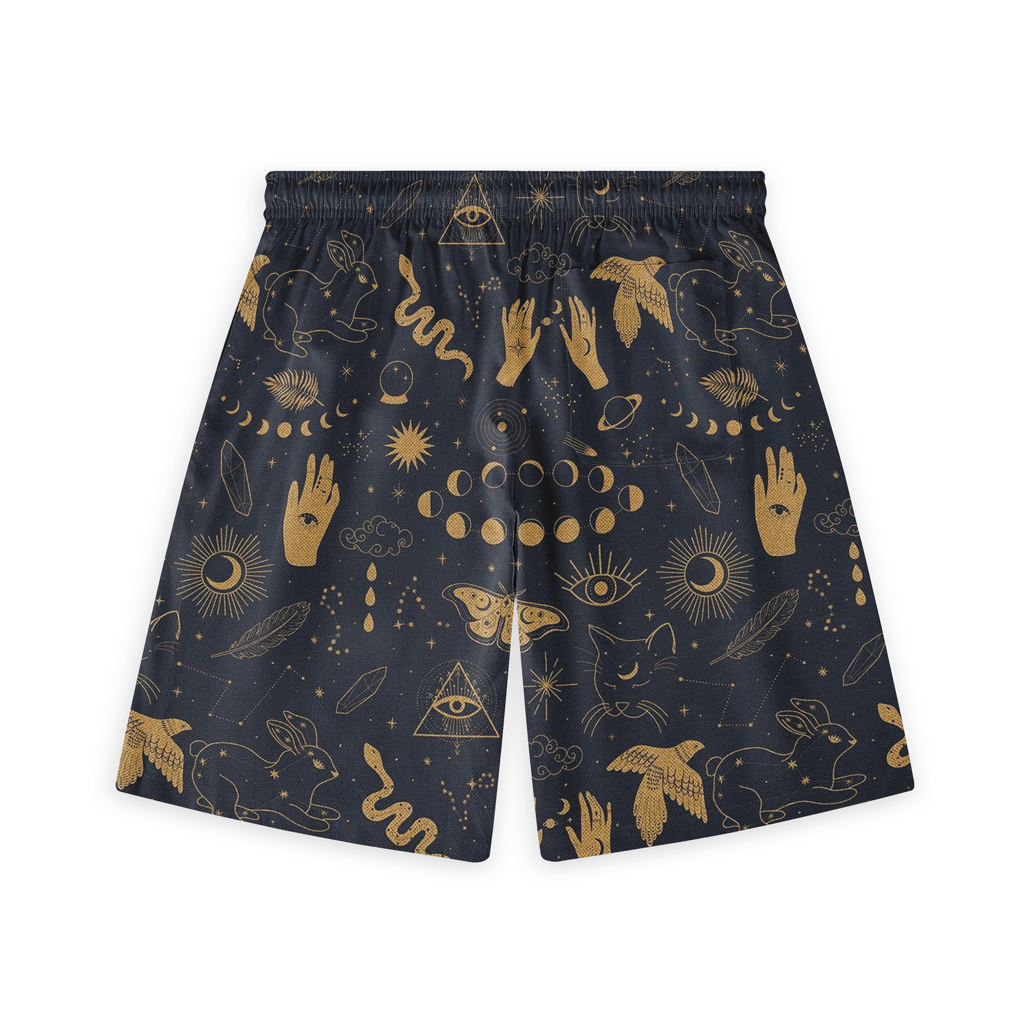 Navy shorts adorned with golden mystical and celestial motifs, featuring symbols like moons, hands, and cosmic elements, creating an enchanting and unique look.