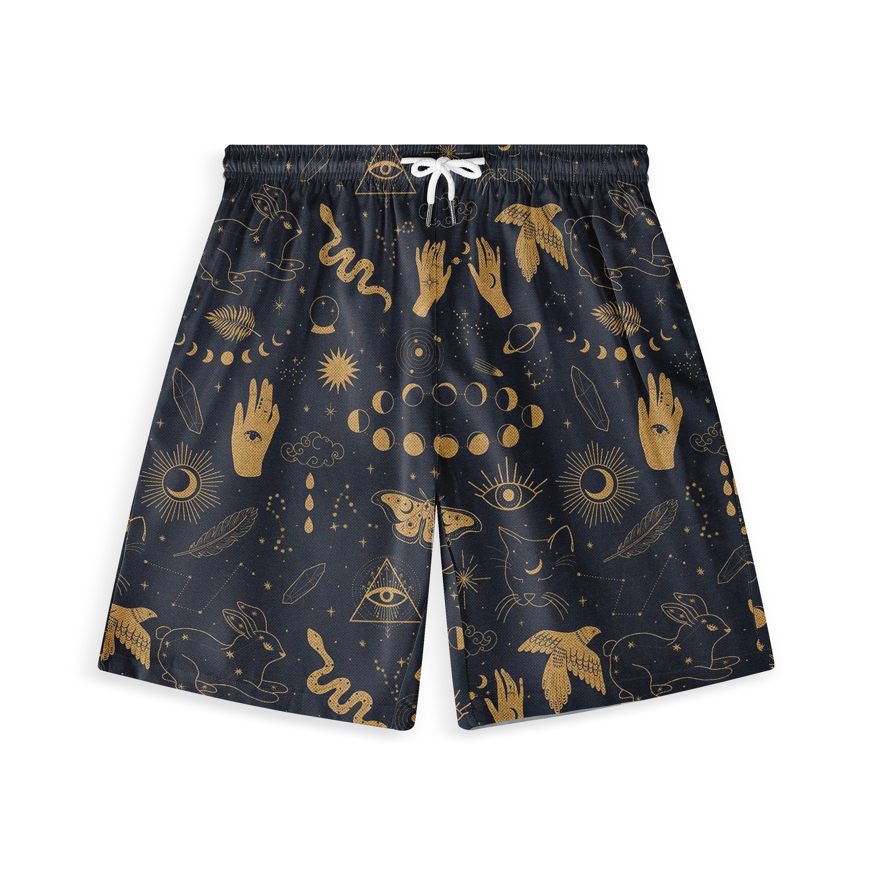 Navy shorts featuring gold mystical and celestial patterns, including hands, moons, and various cosmic symbols.