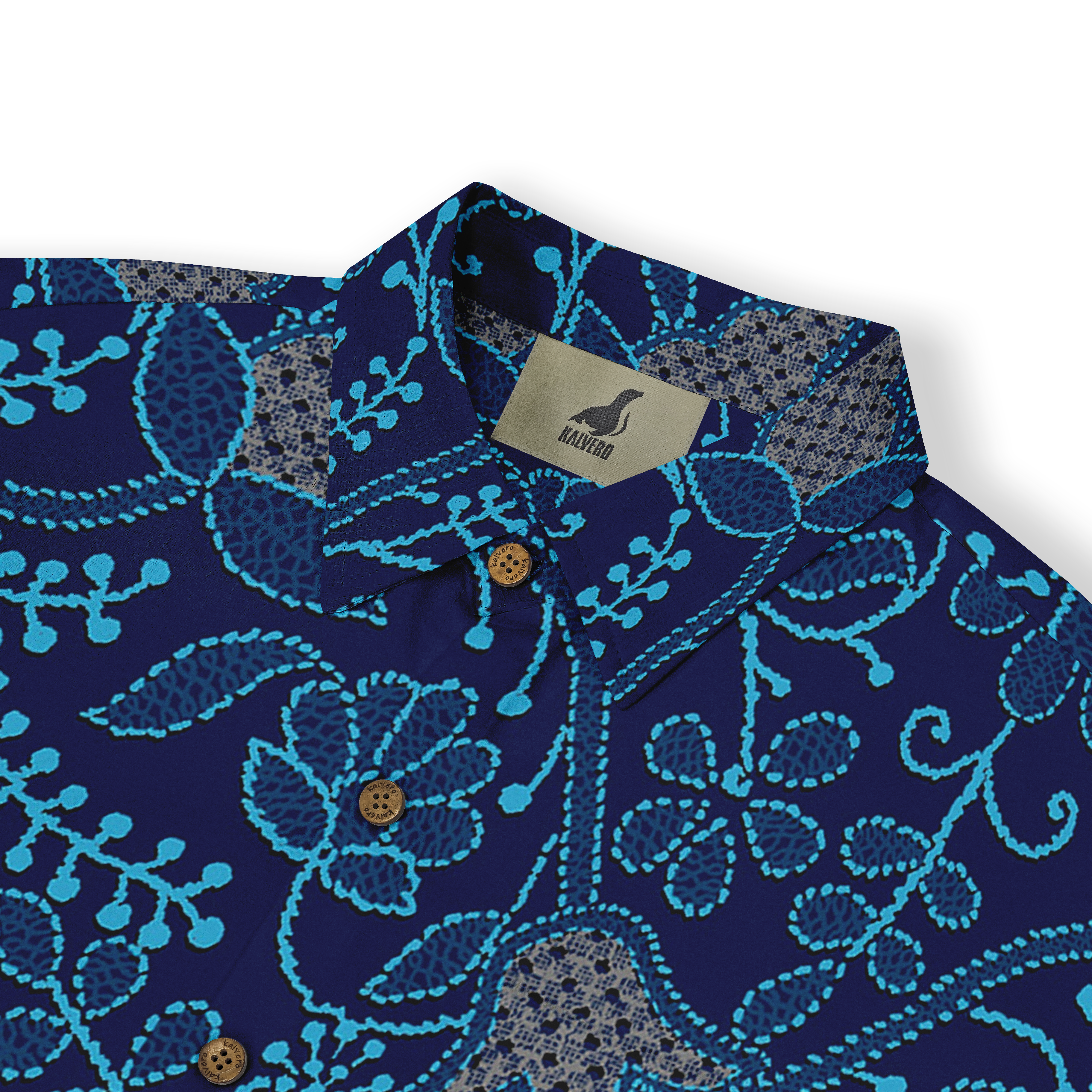 Close-up of a navy shirt collar with intricate light blue floral and leaf patterns, showcasing a detailed and vibrant design.