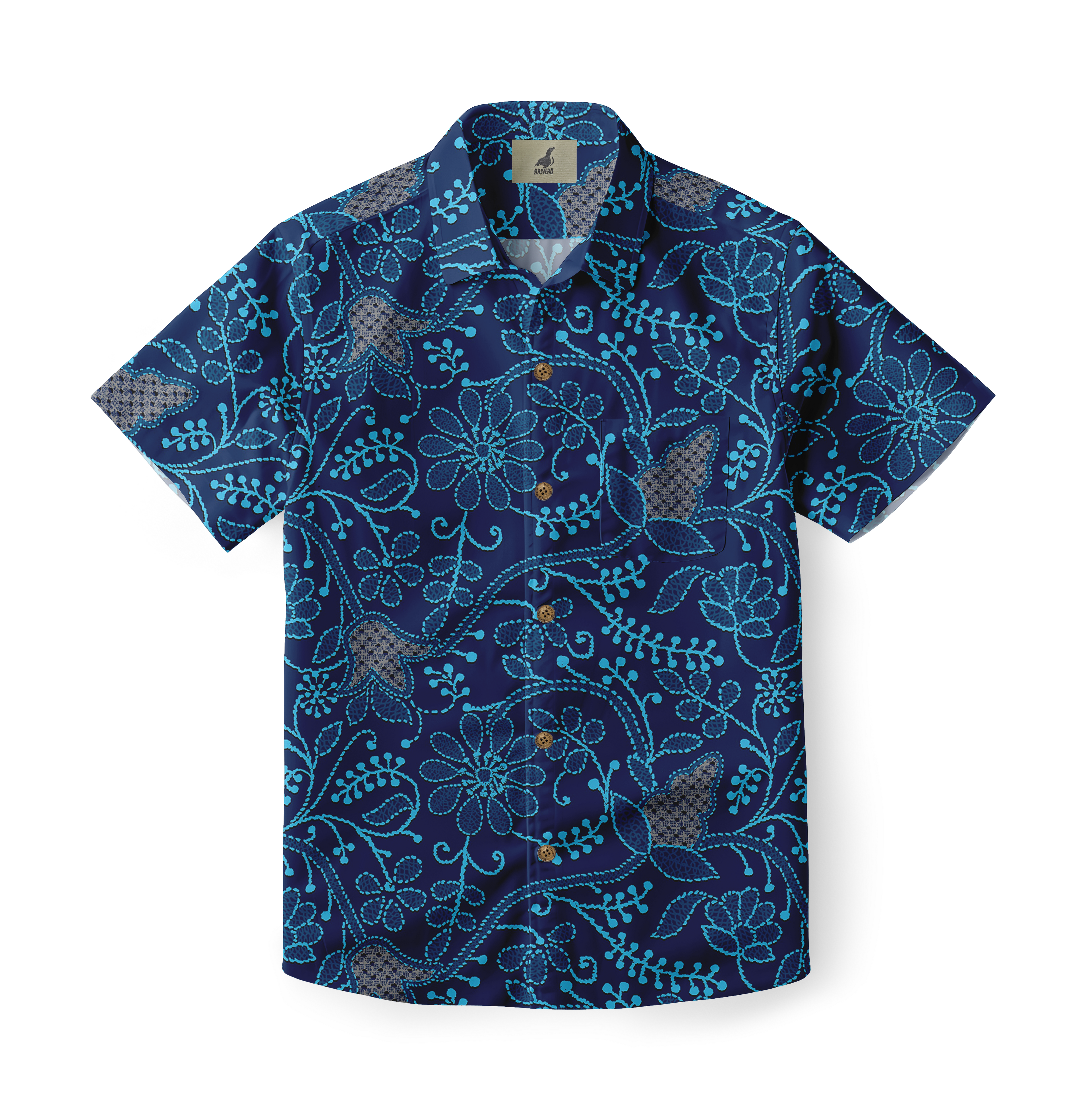 Navy shirt with light blue floral and leaf patterns, adding a touch of elegance and tropical flair. Perfect for a relaxed and stylish look.