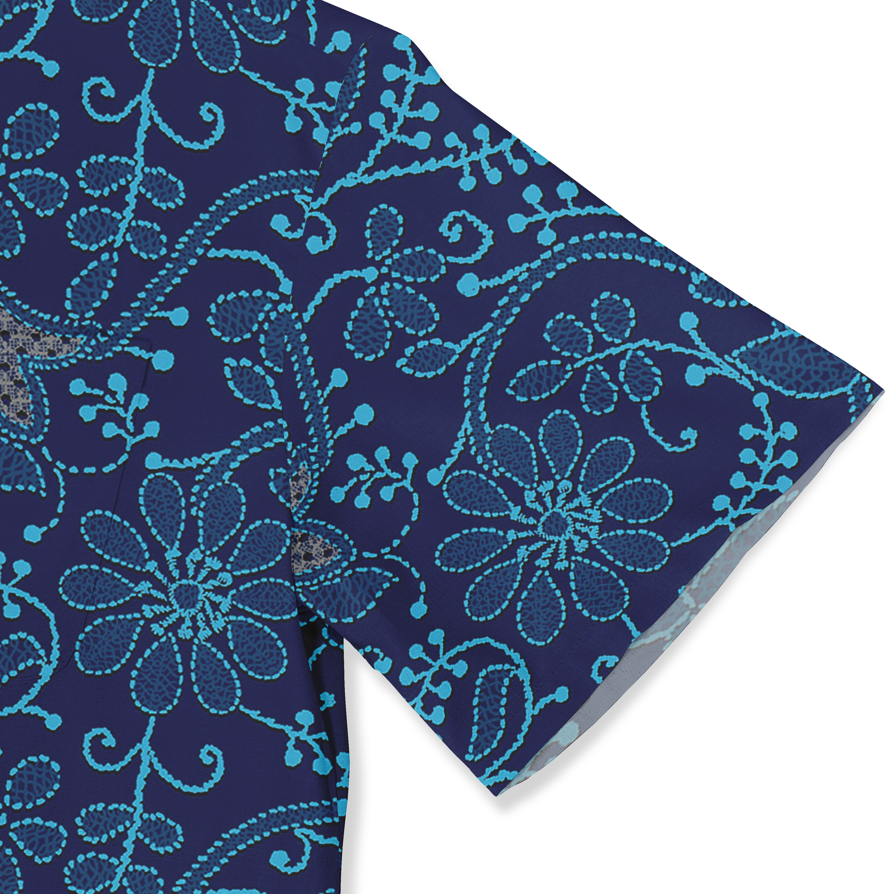 Close-up of a navy shirt sleeve with vibrant light blue floral patterns and vines, highlighting the intricate design details.