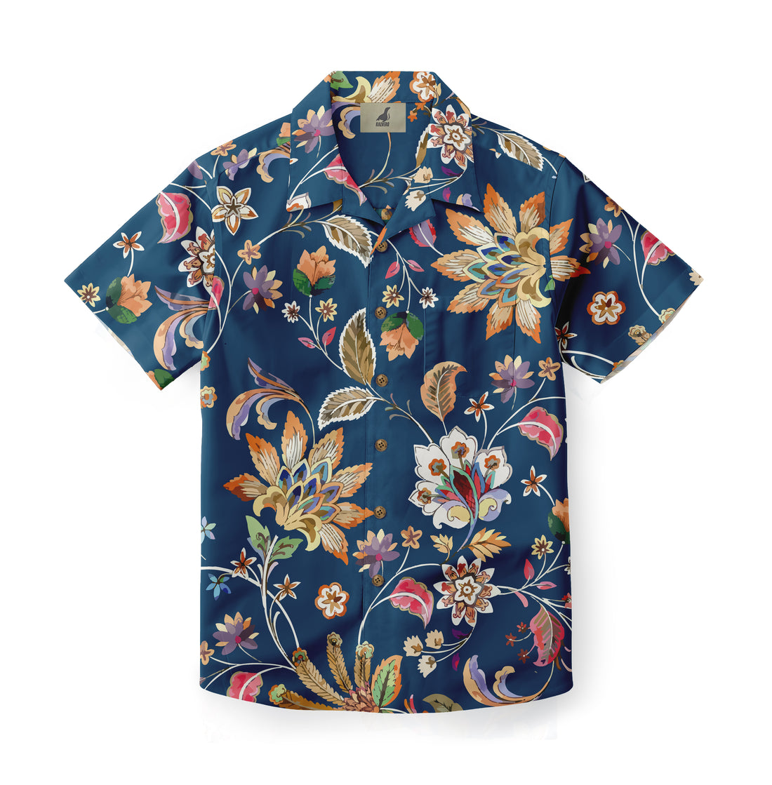 Short-sleeve shirt featuring a vibrant floral design on a navy background, perfect for adding a pop of color to any casual outfit.