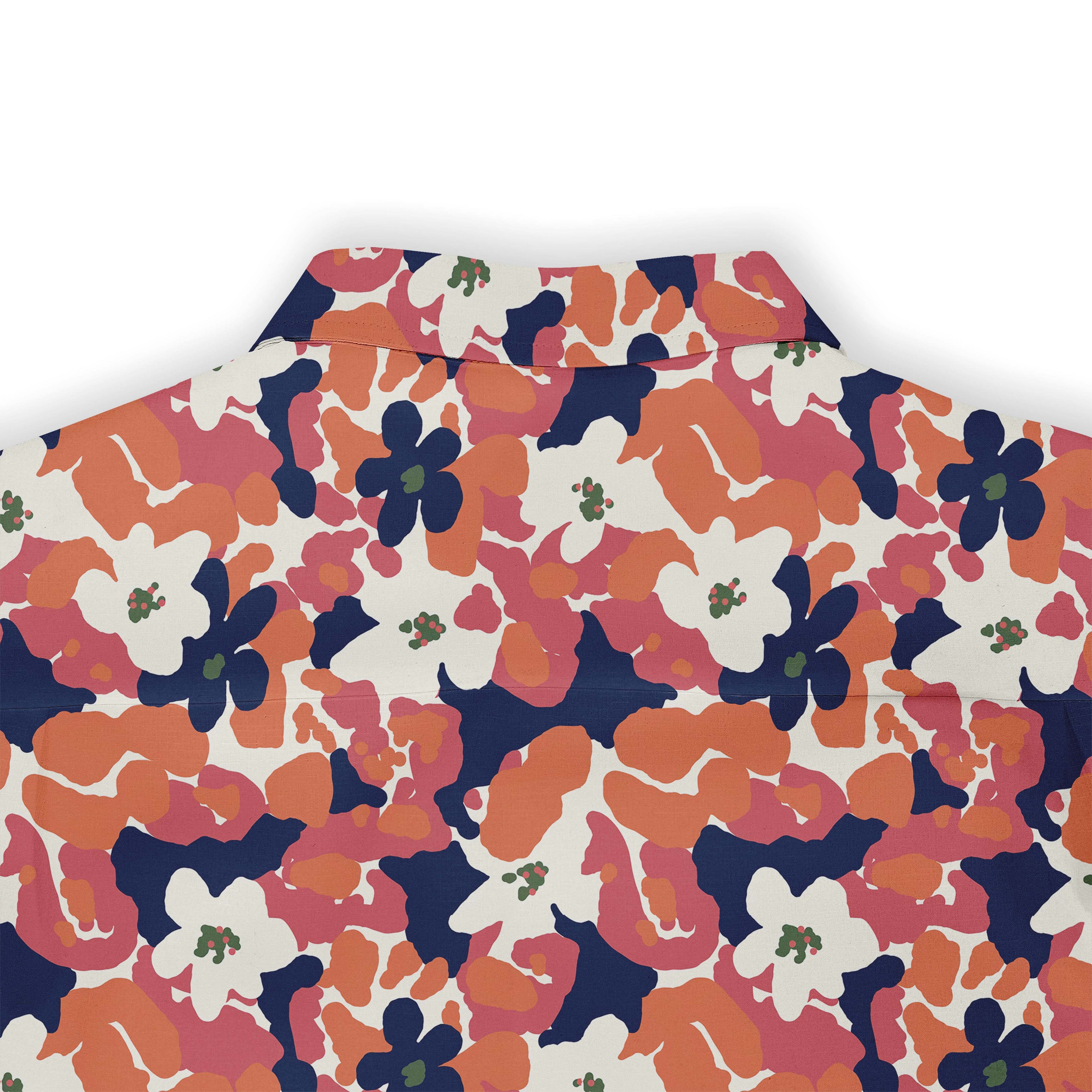 Orange and red shirt with bold floral patterns, radiating energy and confidence back view