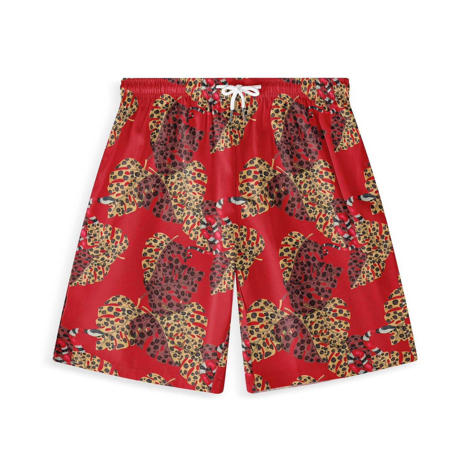 Hawaiian shorts with a vivid red background, featuring large, leopard-print leaves in yellow and brown tones, and subtle snake details.