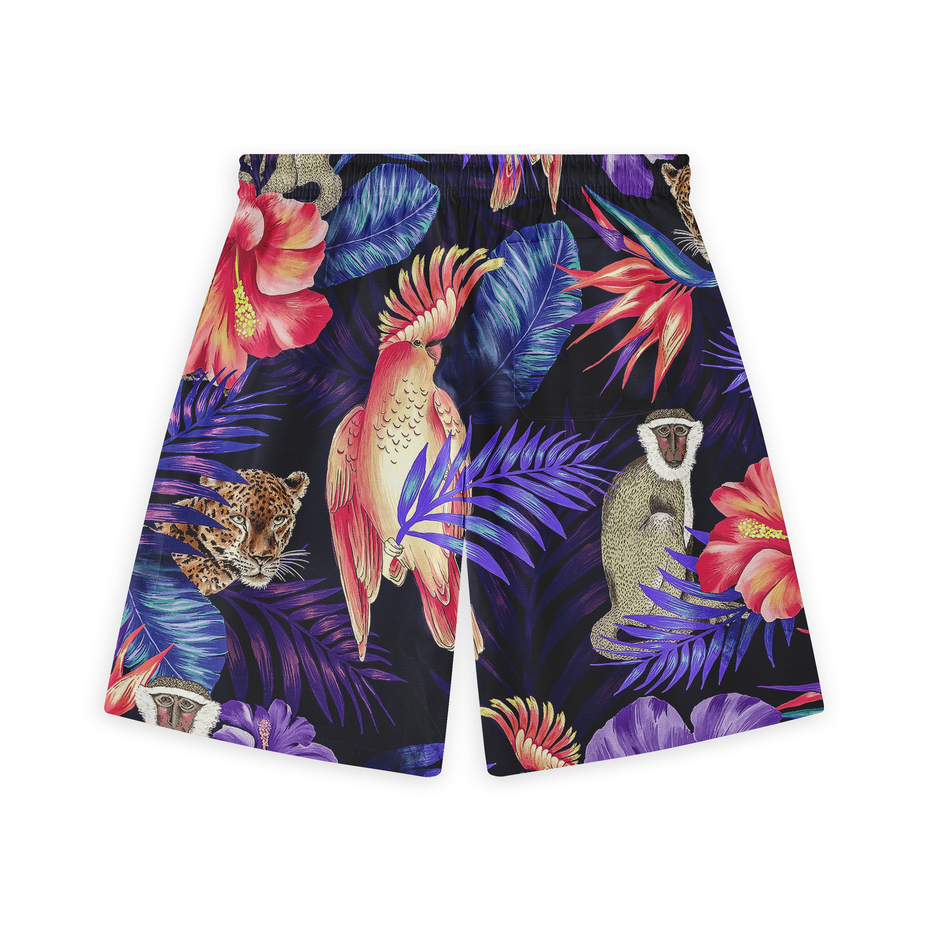 Back view of tropical-themed shorts featuring a vibrant design with a parrot, leopard, monkey, and lush foliage in shades of purple, red, and blue on a dark background.