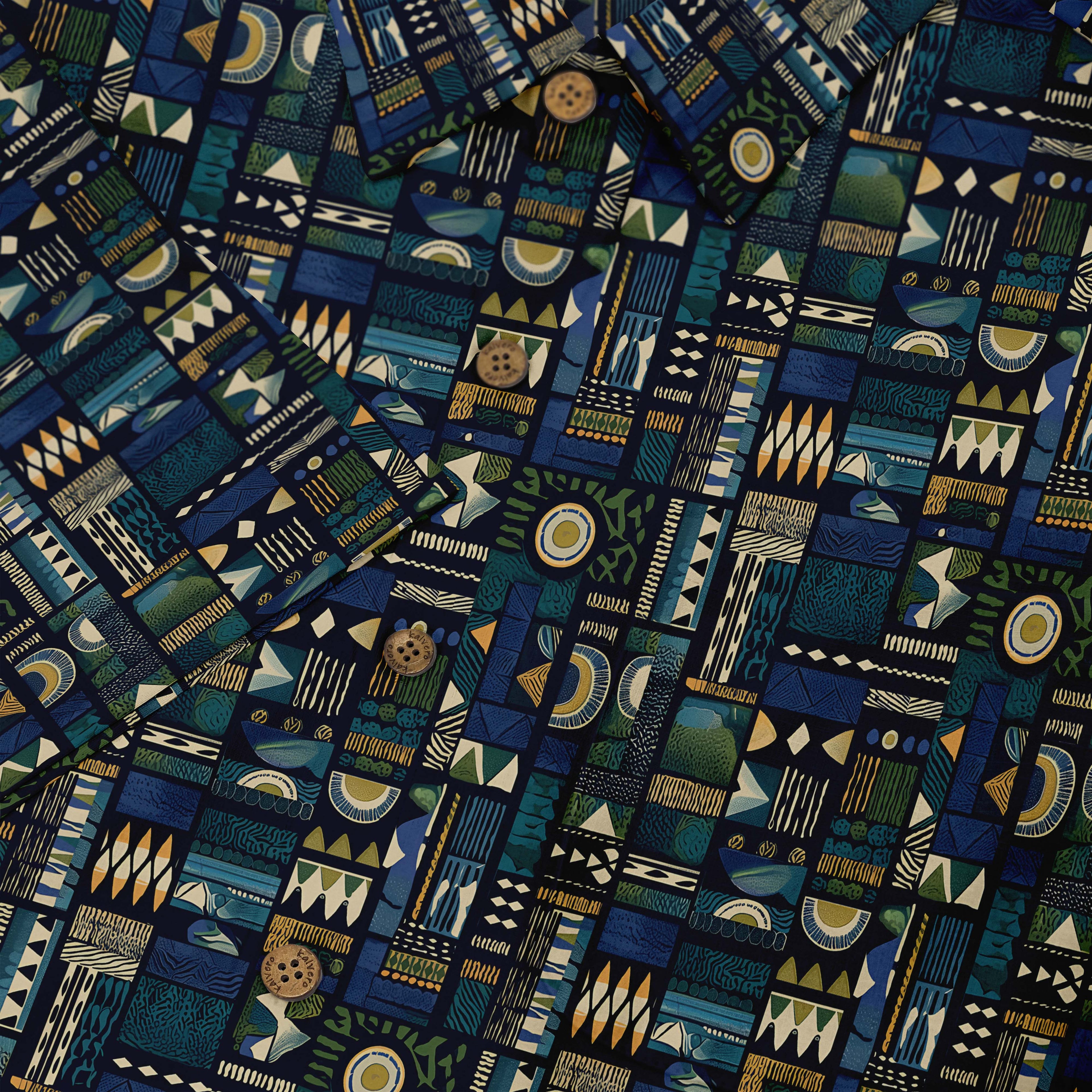 A short-sleeved shirt with an intricate geometric pattern in deep blues, greens, and golds. front buttons close-up