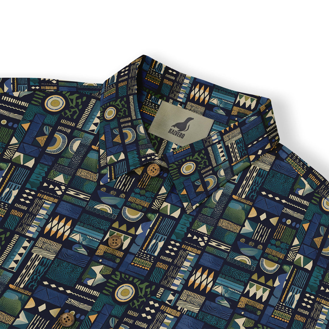 A short-sleeved shirt with an intricate geometric pattern in deep blues, greens, and golds. front view