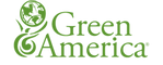 The logo features the words 'Green America' in green text. The 'G' is stylized with a leafy design, and a circular emblem with a globe and leaves is positioned above the text.