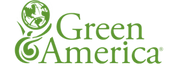 The logo features the words 'Green America' in green text. The 'G' is stylized with a leafy design, and a circular emblem with a globe and leaves is positioned above the text.