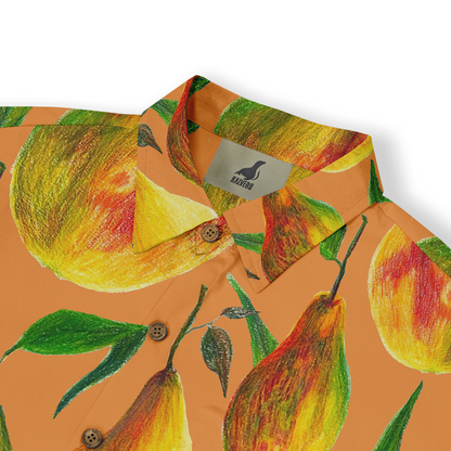 Close-up view of the collar and top section of a Hawaiian shirt featuring a vivid design of large pears and green leaves on an orange background. The details highlight the texture and vibrant colors of the fruit pattern, emphasizing the artistic and lively style of the shirt.