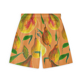 Back view of shorts featuring a vibrant pear design in various colors on an orange background, showcasing the pattern continuity and elastic waistband.