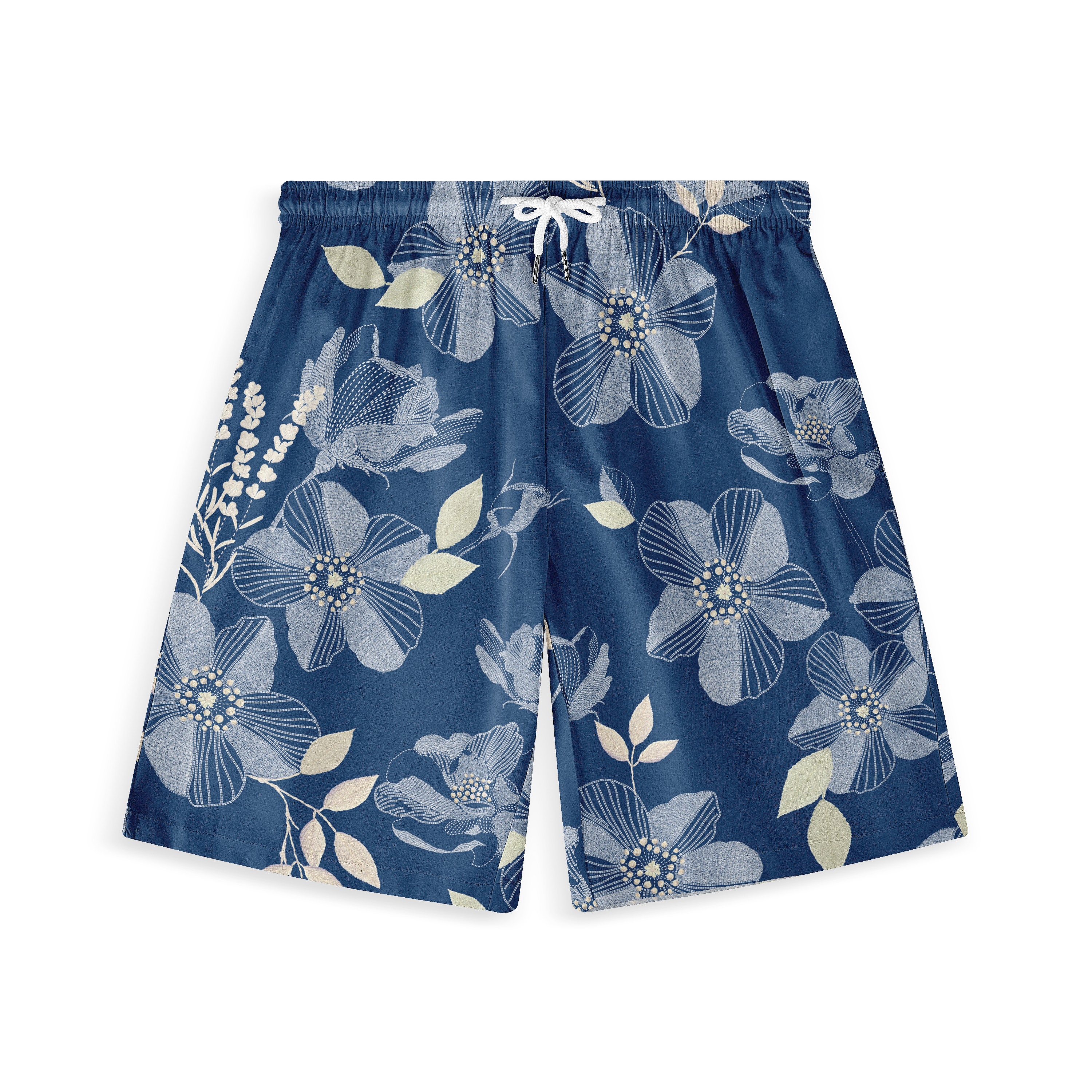 These shorts feature a harmonious floral pattern on a deep blue background, perfect for a stylish and comfortable look. The design blends delicate flowers and leaves, offering a touch of elegance to casual wear.