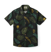 A sleek black Hawaiian shirt featuring a vibrant leaf pattern in shades of green and yellow, perfect for adding a touch of tropical flair to any casual outfit.