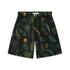 These shorts feature a vibrant leaf pattern in shades of green and yellow on a sleek black background, perfect for adding a touch of nature to your style.