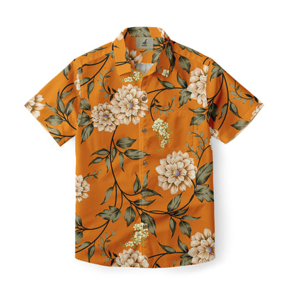 Shirt featuring a design of white and beige flowers with green leaves on an orange background.