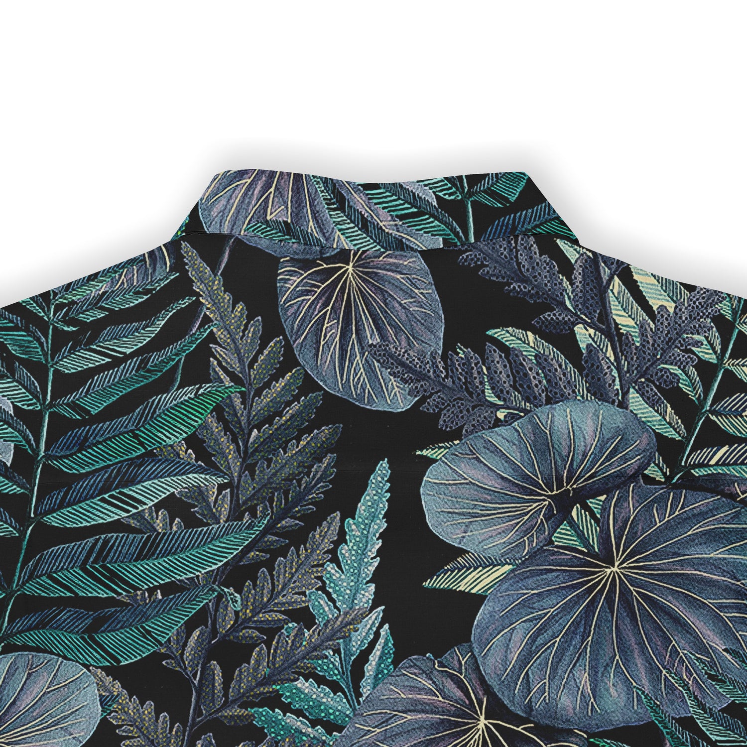 A Hawaiian shirt with lush tropical leaves in shades of blue and green on a dark background, capturing the beauty of nature.