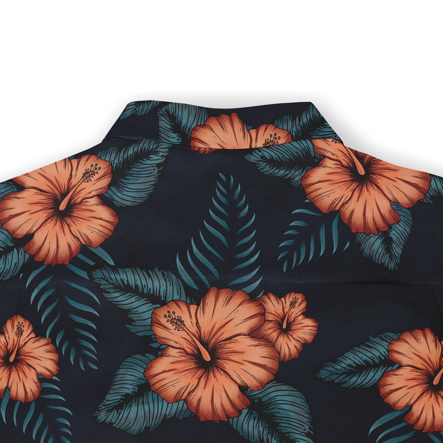 Back collar of a shirt with a pattern of orange hibiscus flowers and green leaves on a dark background.