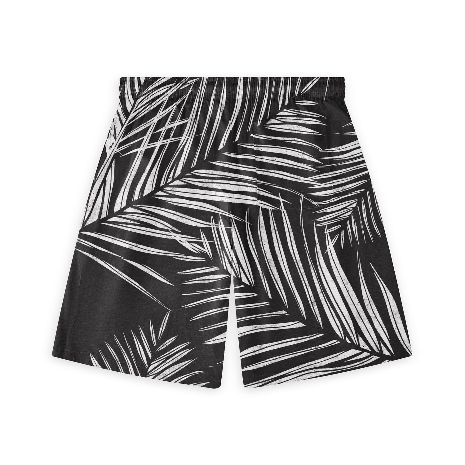 A pair of shorts featuring a striking pattern of white tropical palm leaves against a solid black background.