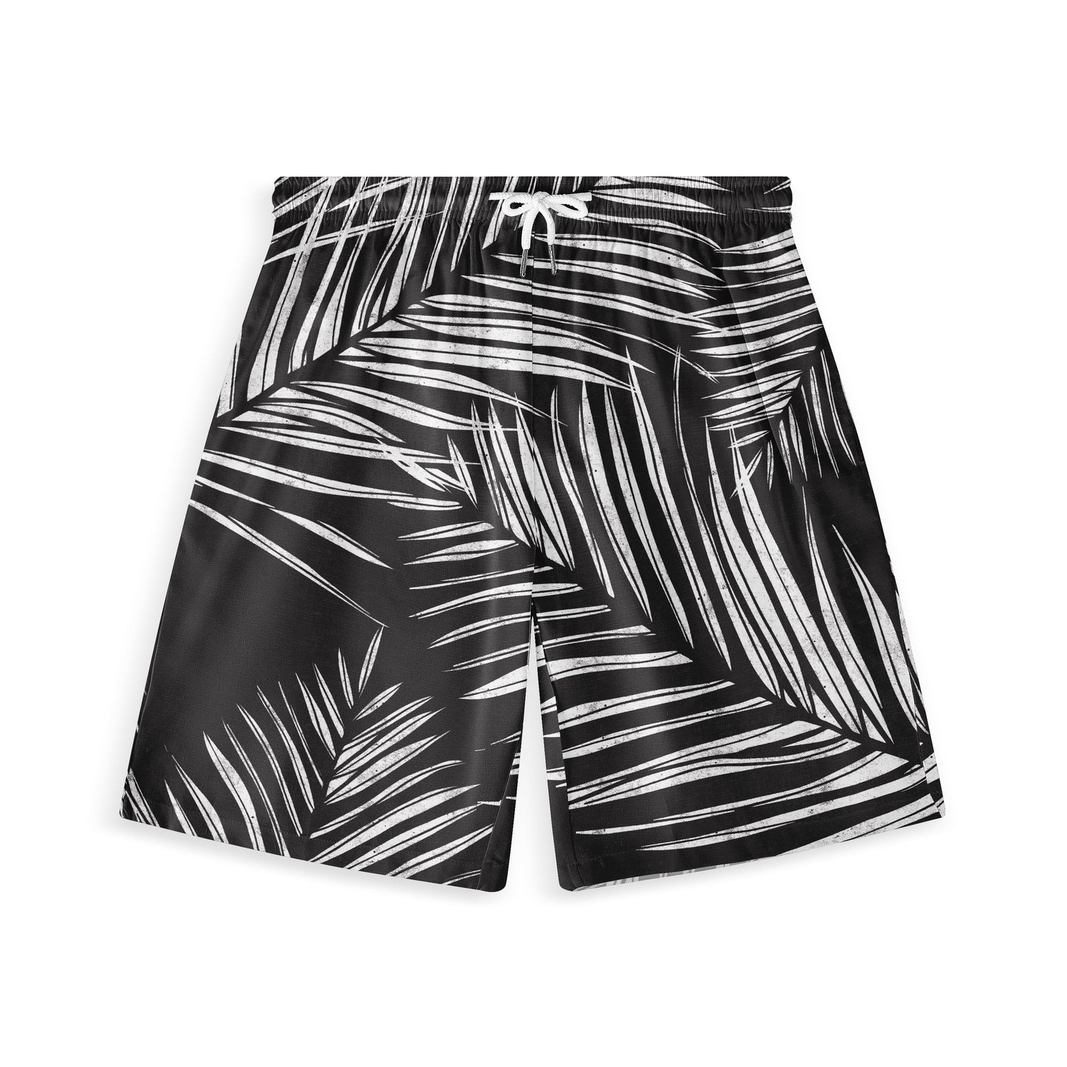 A pair of shorts with a bold design featuring white tropical palm leaves on a black background.